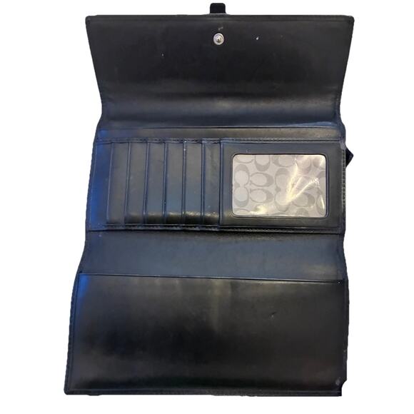Vintage Y2K Coach Black Leather Tri-Fold Wallet Silver Buckle Monogram Logo - Picture 1 of 11